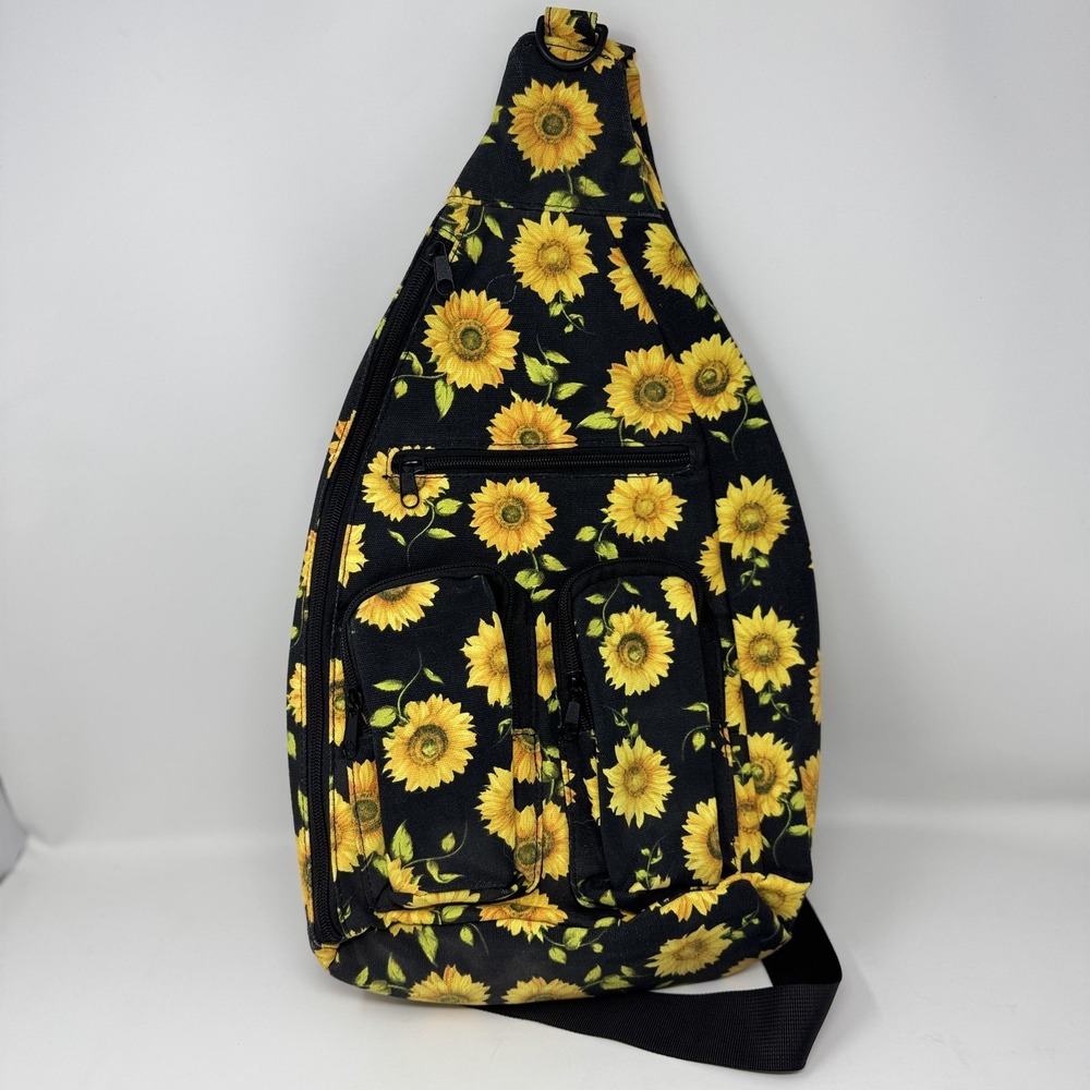 Sling Bag Womens Medium Black Sunflower Canvas‎ Crossbody Zip Pockets Boho